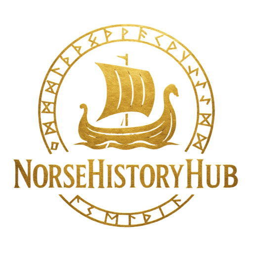Logo of website about Norse History, NorseHistoryHub. It is logo with viking ship drakkar and with runes around it in golden color.